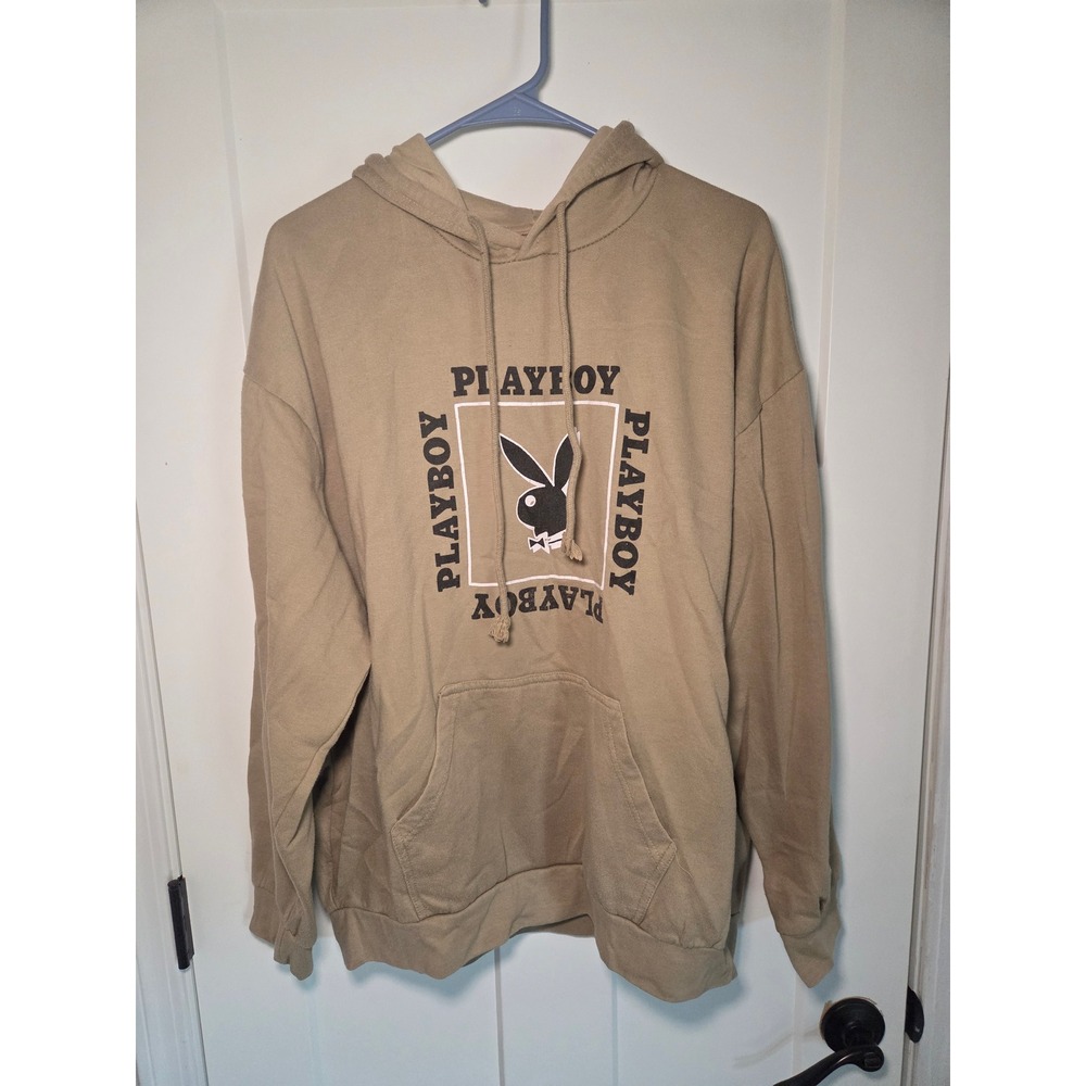 Playboy Rabbit Head Graphic Hoodie Tan Khaki Pullover Sweatshirt XL